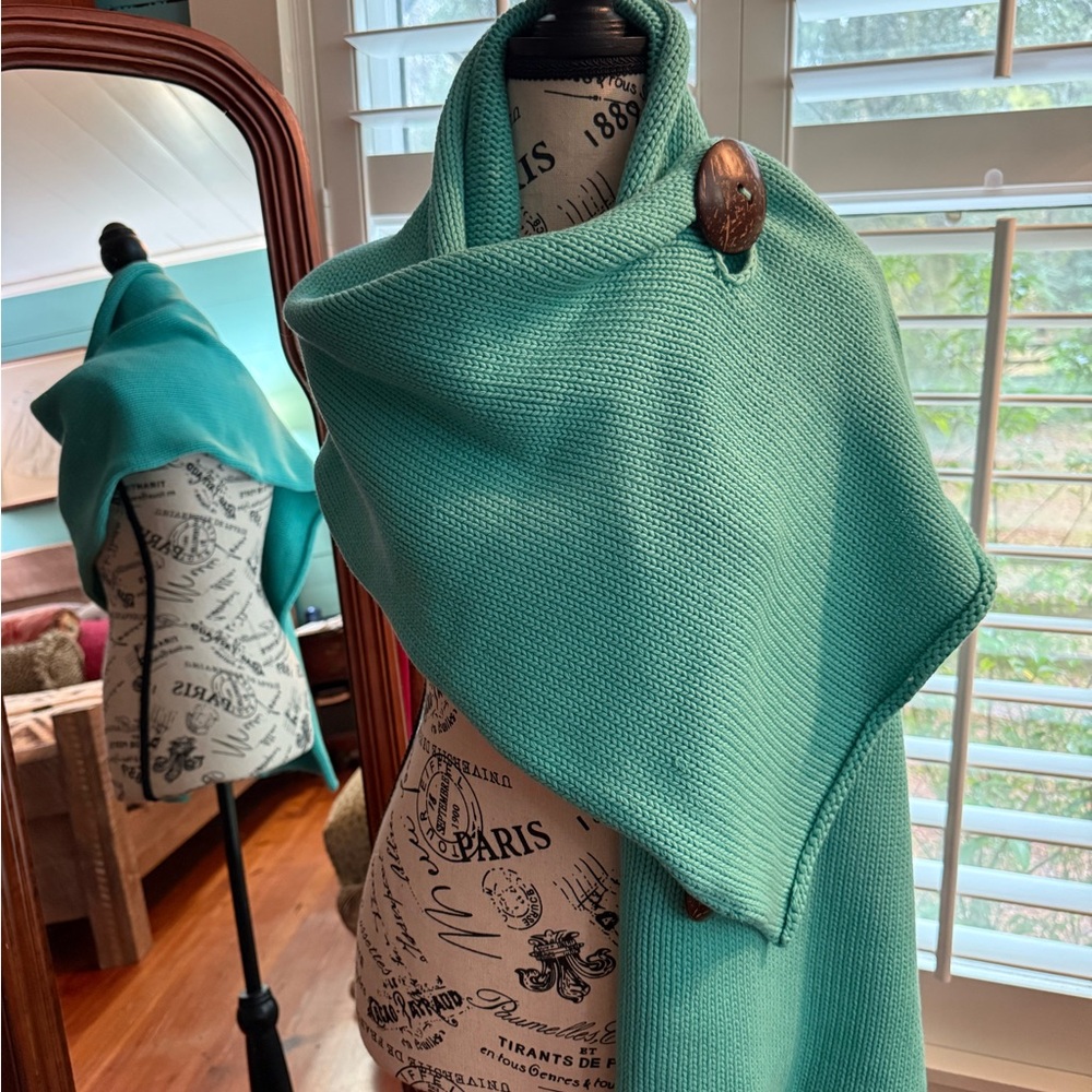 Turquoise Knit Adjustable Shawl with Button Detail